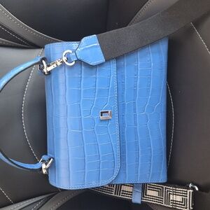 Karl Lagerfeld Paris Bernandine Top Handle Blue Croc Embossed Leather Bag,